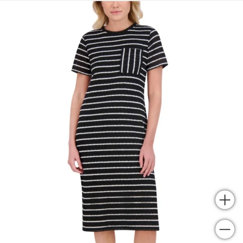 NWT Andrew Marc Women's Midi Shirt knit Dress Black/White strip‎ L
